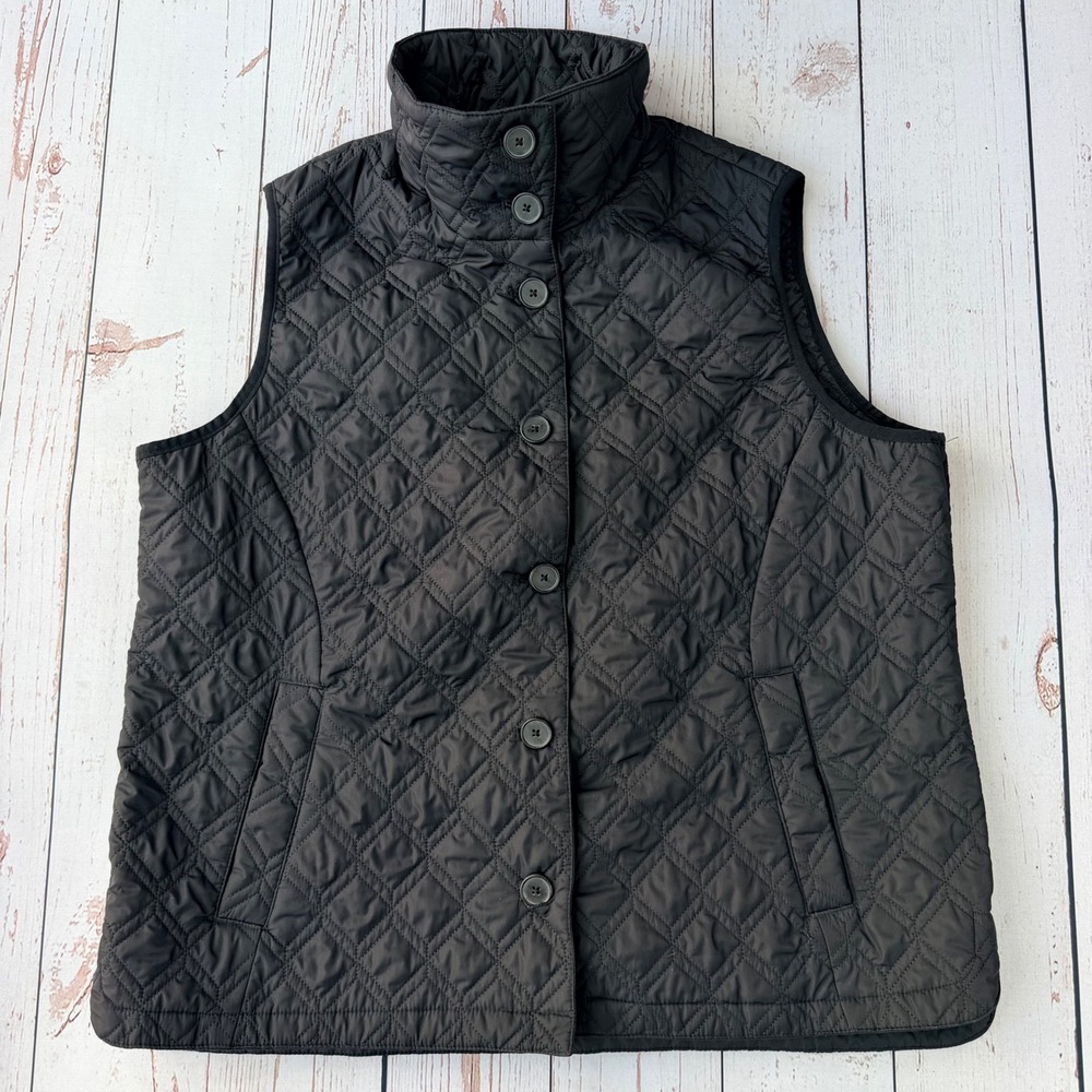 Lands End Womens XL 18 Black Diamond Quilted PrimaLoft Insulated Button Vest